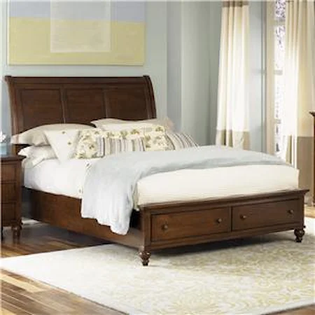 Transitonal Queen Sleigh Bed with 2 Drawer Storage Footboard